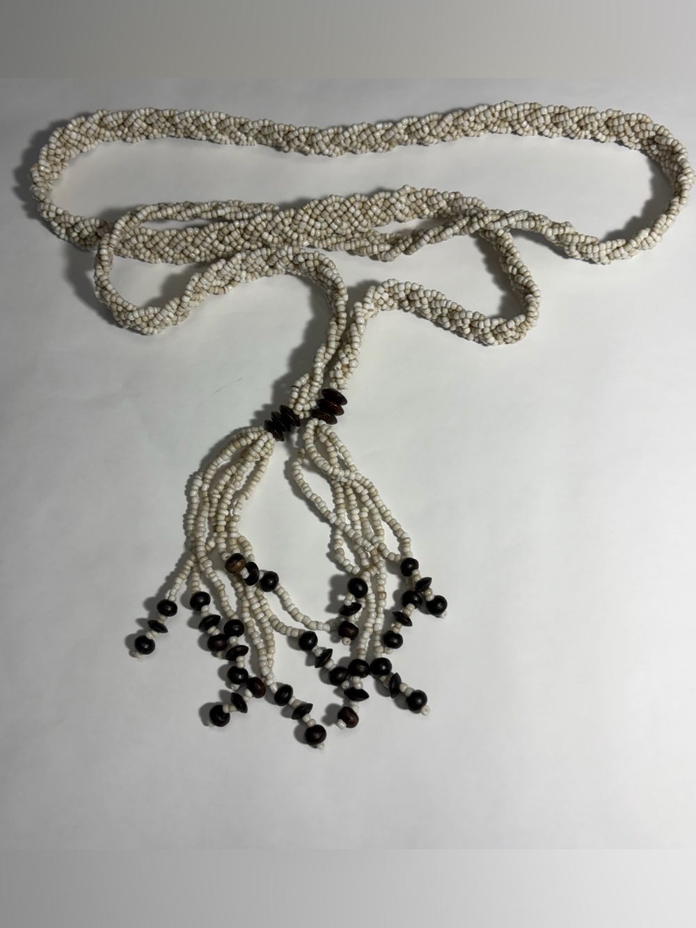 Vintage Braided Glass Seed Bead Tie Belt Cream White Wood Bead Tassels 60"